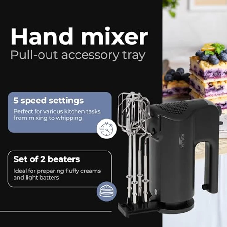 Adler Handmixer AD 4230, 5 Geschwindigkeiten, Turbo Funktion, Mixer, Knethaken, schwarz – Bild 11