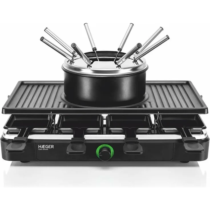 Haeger GR-FRG.016A, Fondue Set mit Grill- und Raclettefunktion, für bis zu 8 Personen, Schwarz-Silber