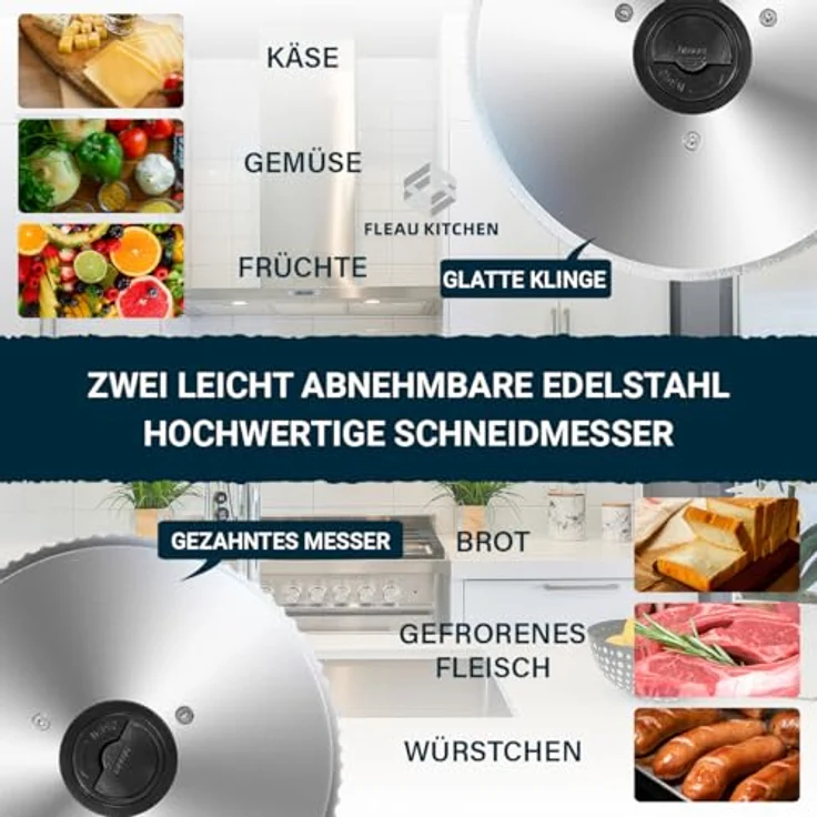 Fleau Kitchen Profi-Fleischschneider – 2x Edelstahl-Schneidmesser – Stärke verstellbar – leistungsstarker Motor – Allzweckschneider in luxuriösem Schwarz – Bild 4