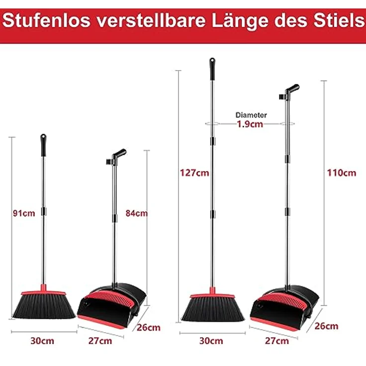 VOSSBACH Kehrgarnitur, Besen und Kehrschaufel Set, Edelstahl verlängerbar mit Wandhalterung, höhenverstellbarer Stiel, dichte Borsten, inklusive Schmutzcontainer mit Kammzähnen – Bild 3