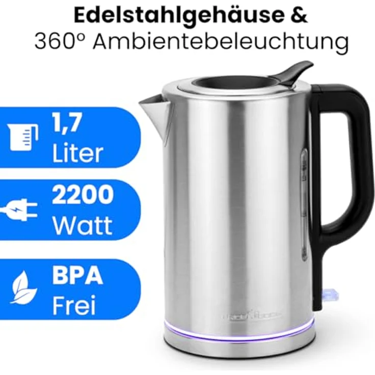ProfiCook® PC WKS 1321 Wasserkocher Edelstahl 1,7L mit Ambiente-Beleuchtung, 2200W, Einhandbedienung, BPA frei, 360° Station mit Kabelaufwicklung – Bild 2