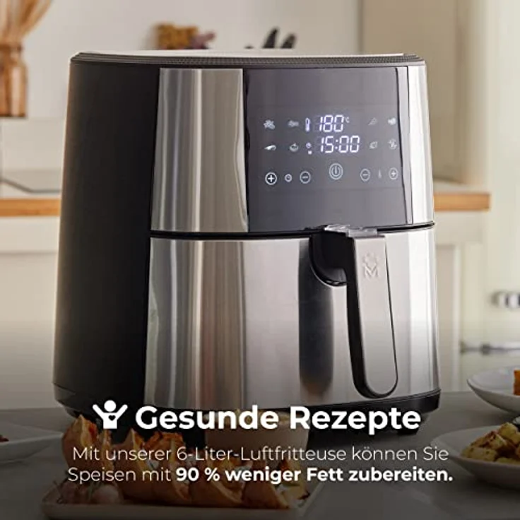 MasterPro Foodies - Fritteuse Ohne Öl, AirFryer XXL, 6L Fassungsvermögen und 1800W Leistung, 90% weniger Fett, Touchscreen-LED-Display und Antihaft-Korb, 8 Kochprograme, Grau – Bild 2