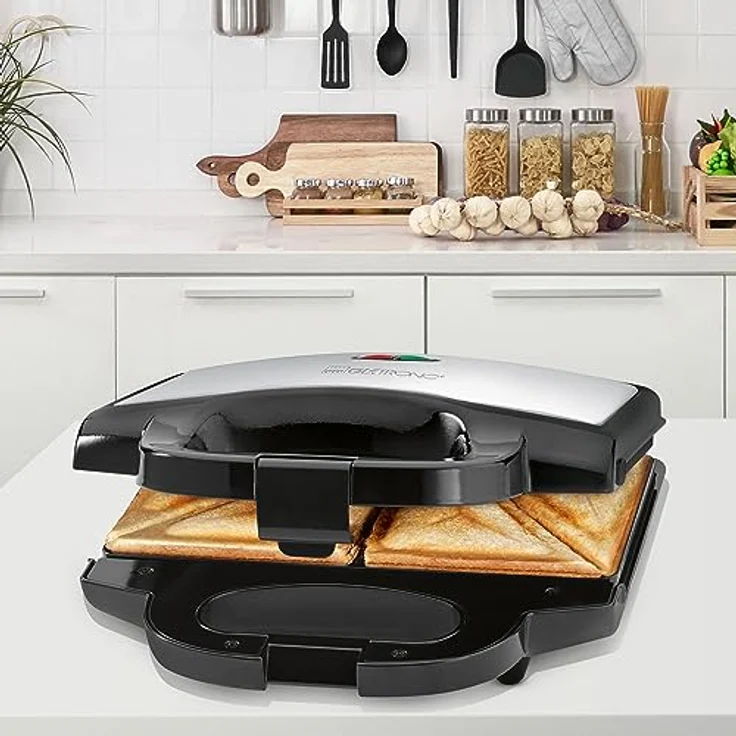 Clatronic ST 3778 Sandwichmaker, elektrischer Sandwichtoaster, Sandwich-Maker mit dreieckigen Sandwichplatten antihaftbeschichtet, automatischer Temperaturregler, 750 Watt Schwarz/Edelstahl – Bild 2