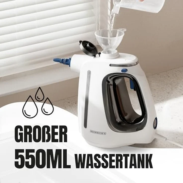 HEINRICHS Handdampfreiniger, Dampfreiniger mit 1350W, 550ml Wassertank, 3,0 Bar Dampfdruck, 30 Sek. Aufheizzeit, 5m Kabel, für Küche, Bad, Auto, Polster, Fenster – Bild 4