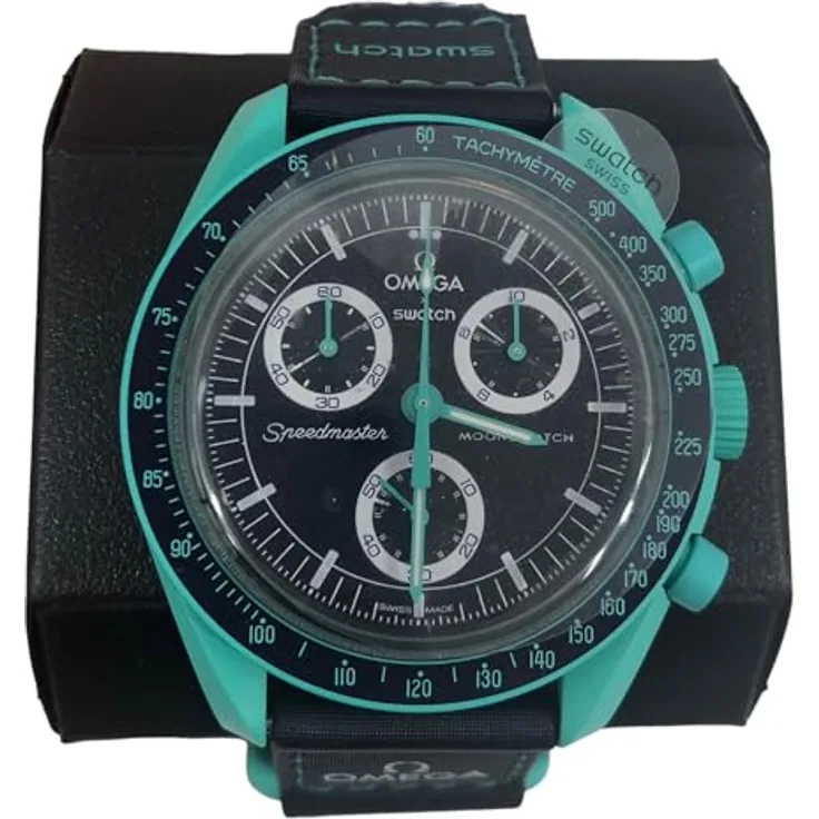Swatch Chronograph Swatch Omega Moonswatch Mission on Earth Polar Lights SO33L103, Armbanduhr mit türkisem Bioceramic Gehäuse und Glitzerpunkten auf dem Zifferblatt