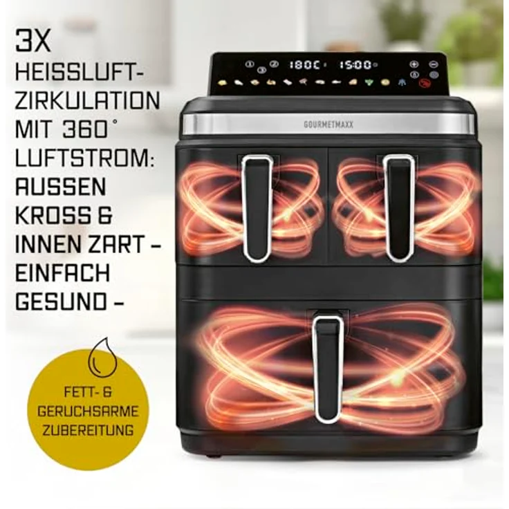 GOURMETmaxx FryUp3 3-Kammer-Heißluftfritteuse 3000W, schwarze Edelstahl-Optik, 17l Volumen, LED-Touchdisplay, 12 Programme – Bild 8