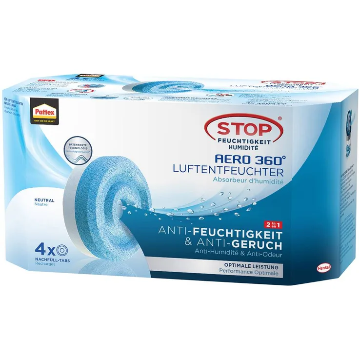 Pattex AERO 360° Nachfülltabs, 2in1 Luftentfeuchter für Räume bis 20m³ mit ultra-aktiven Kristallen