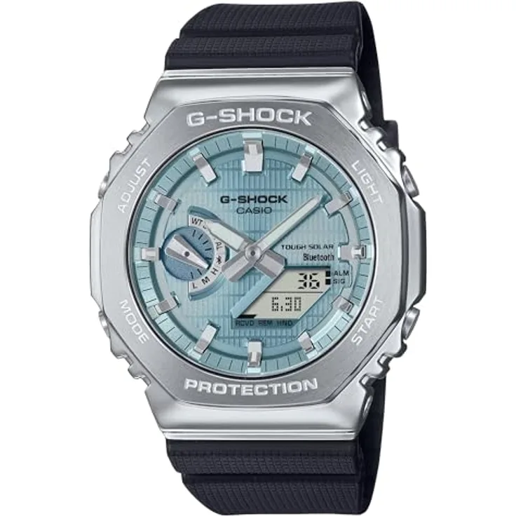 Casio Watch GBM-2100A-1A2ER, Bluetooth Solar Armbanduhr in Silber mit blauem Zifferblatt