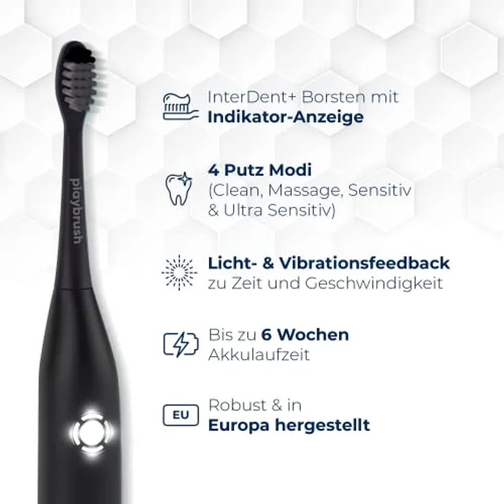 Playbrush Smart One X, elektrische Schallzahnbürste mit smarter Mundhygiene-Coaching-App, Tempo-Kontrolle zum Zahnfleischschutz, Timer, 4 Putzprogramme, 1 Aufsteckbürste, 6 Wochen Akku, schwarz