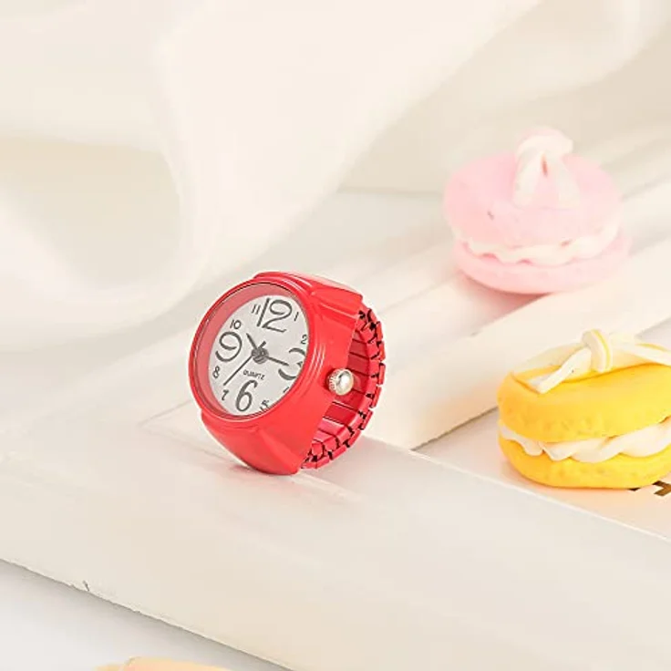 JewelryWe Damen Ringuhr Analog Quarzuhr mit Elastischem Band, Geschenk für Mädchen, Rot – Bild 5