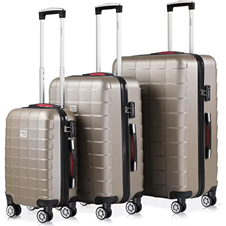 Monzana® Kofferset Exopack 3-teilig TSA Schloss Aluminium Teleskopgriff Gel-Griffe 210D Polyester ABS Hartschale Standfüße Koffer Trolley Champagner