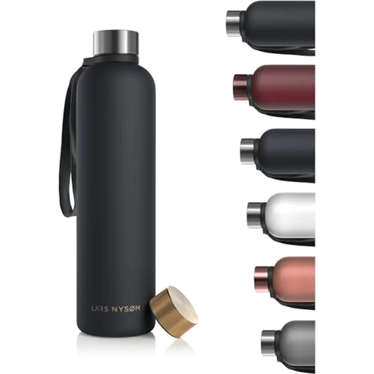 LARS NYSØM Trinkflasche 1l | Wasserflasche BPA-frei | Ultraleichte Tritan Sport Flasche auslaufsicher, Kohlensäure geeignet - für Sport, Büro, Yoga | 2 Deckel inkludiert (Onyx Black - Gold, 1000ml) – Bild 1
