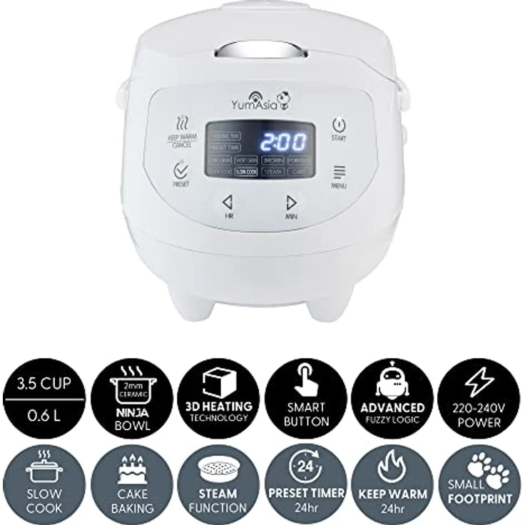Yum Asia Panda Mini-Reiskocher mit Ninja-Keramikschüssel und Advanced Fuzzy Logic (3,5 Tassen, 0,63 Liter) 4 Reisfunktionen, 4 Multicooker-Funktion, 220–240V (Arctic White) – Bild 2