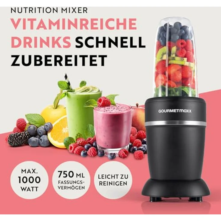 GOURMETmaxx Mixer & Smoothie Maker 4-tlg., 1000 Watt Standmixer mit auslaufsicherem To-go-Deckel, 750 ml Mixbecher, Edelstahlklingen für Shakes und Smoothies – Bild 2