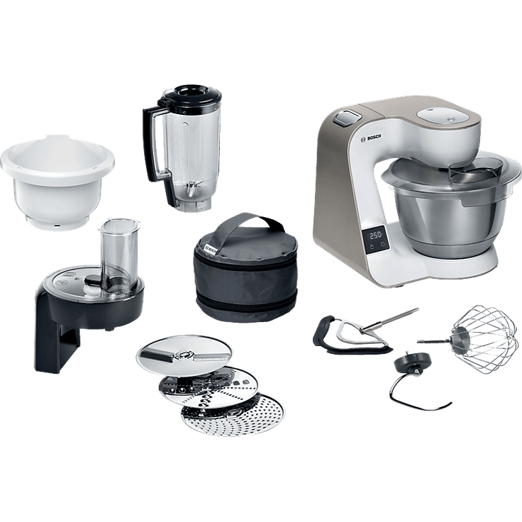 BOSCH MUM5XW34 Serie 4, MUM 5 Küchenmaschine Weiß/Champagne, 1000 Watt, 3,9 l Rührschüsselkapazität, integrierte Waage, 3D PlanetaryMixing