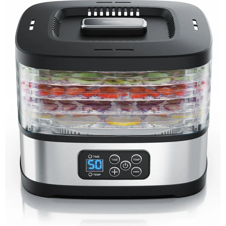 Arendo Dörrautomat mini mit Temperaturregler, Dehydrator, Timer, 5 Einlegefächer, je Fach zwei Höhen, 240 W, Dörrautomat, Silber