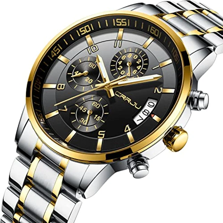 CRRJU Herren Chronographen Armbanduhr, Wasserdicht mit Kalender, Edelstahlarmband in Silber, Gold und Schwarz – Bild 2