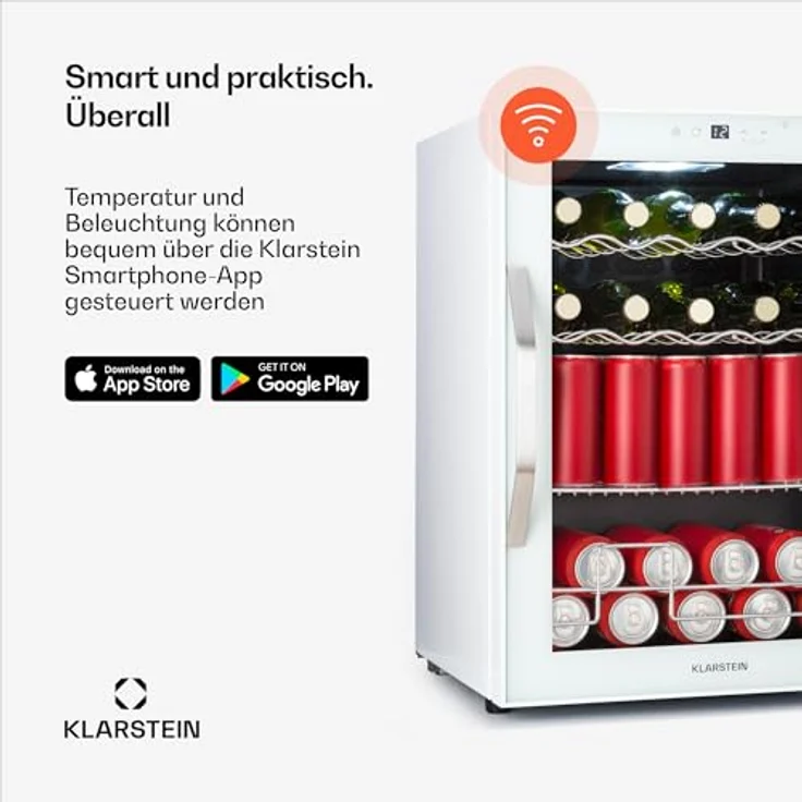 Klarstein Coachella 60, Getränkekühlschrank mit WLAN, 60 L, Glastür, LED-Innenbeleuchtung, 3-18 °C, 7 Lichtfarben, 3 Metallablagen, Energieeffizienz E, Weiß – Bild 3