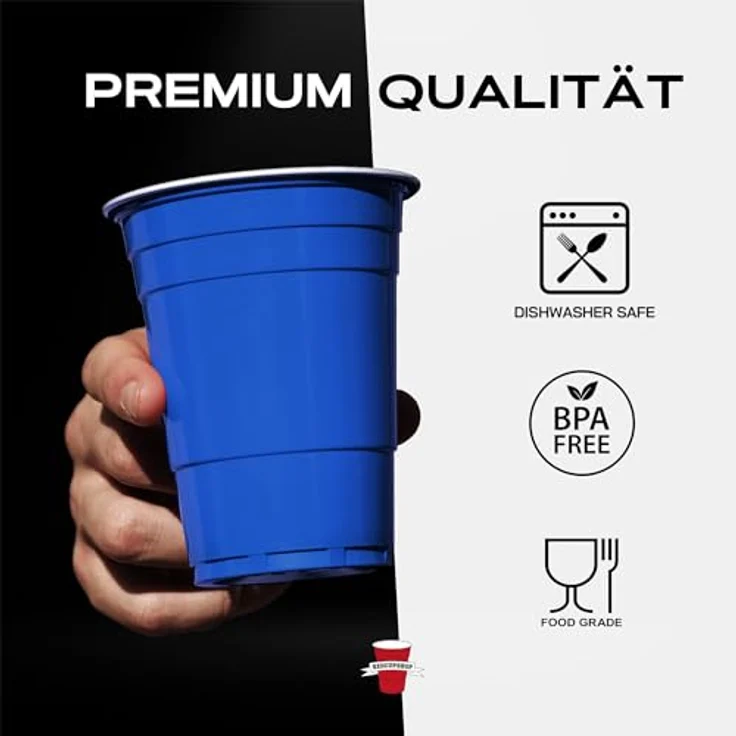 RedCupShop® Blue Cups, 25 blaue Partybecher & 4 Bälle, spülmaschinenfest, wiederverwendbar, 473ml, ideal für Beer Pong und Events – Bild 3