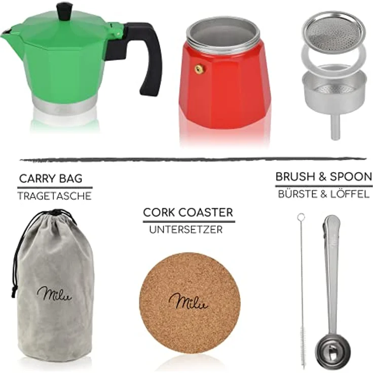 Milu Espressokocher (No Induktion) | 2, 3, 6, 9 Tassen | Aluminium Mokkakanne, Espressokanne, Espresso Maker Set inkl. Untersetzer, Löffel, Bürste (Italia, 6 Tassen (300ml) – Bild 3