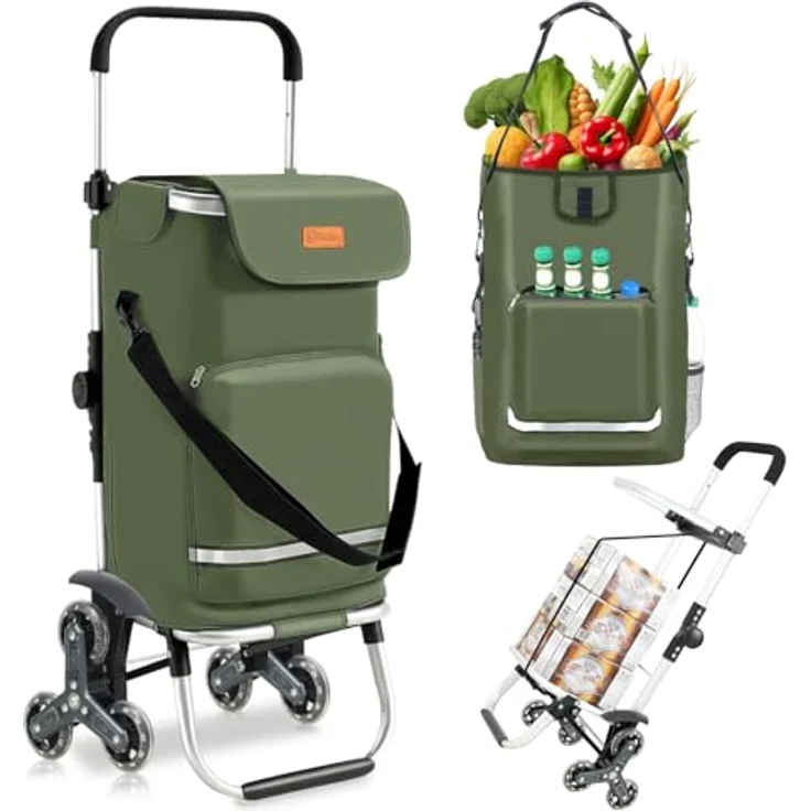 Sekey Einkaufstrolley Klappbarer Einkaufswagen 3-in-1 mit Kühlfach, Treppensteiger, 42 l, Dunkelgrün, inkl. Einkaufschip und Spanngurt – Bild 1