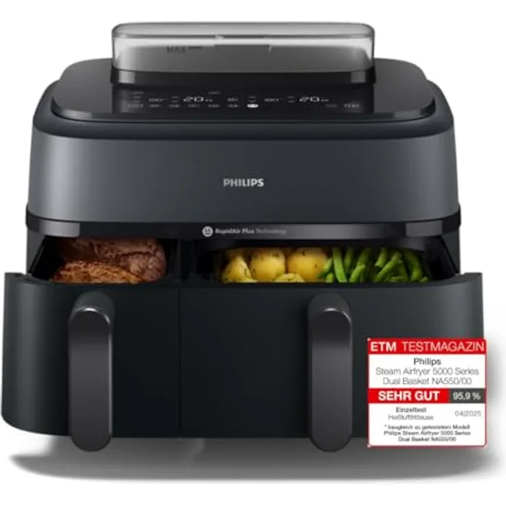Philips Steam Airfryer Dual Basket 5000 Series, Heißluftfritteuse & Dampfgarer, 9L, 2 Körbe, RapidAir Plus Technik, 19 Kochfunktionen, 90% weniger Fett, Dampfreinigung (NA550/00)