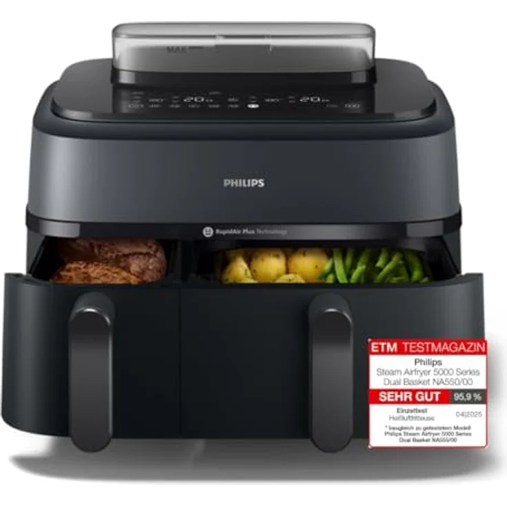 Philips Steam Airfryer Dual Basket 5000 Series, Heißluftfritteuse & Dampfgarer, 9L, 2 Körbe, RapidAir Plus Technik, 19 Kochfunktionen, 90% weniger Fett, Dampfreinigung (NA550/00) – Bild 1