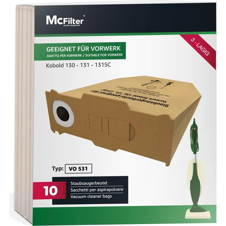 A. Patzig McFilter | 10 Staubsaugerbeutel für Vorwerk Kobold 130, 131, SC, 3-lagig, hohe Filtration