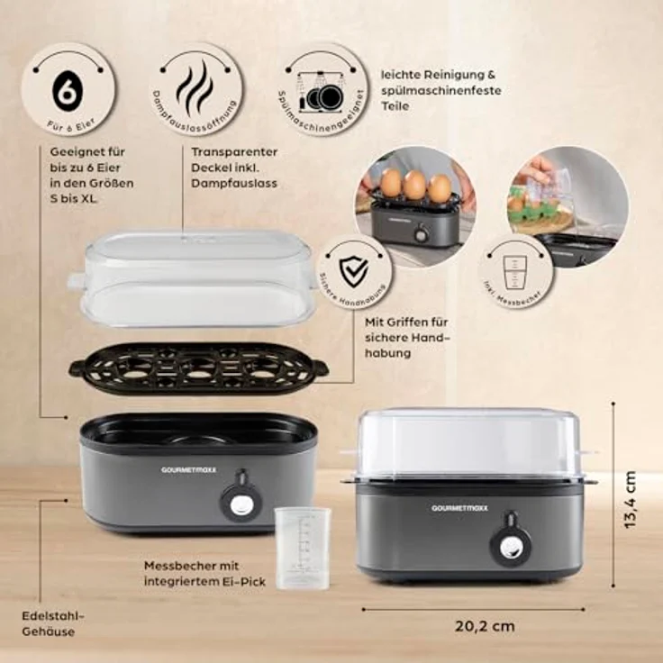 GOURMETmaxx Eierkocher für 3 Eier, kompakter Egg Boiler mit 3 Härtegraden, Eierstecher und spülmaschinenfesten Teilen, Anthrazit – Bild 4