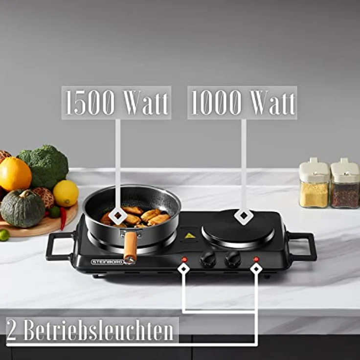 Steinborg Elektrische Doppelkochplatte 2.500 Watt Campingkocher Herdplatte Kochfeld Camping 2 Kontrolleuchten Kochplatte Überhitzungsschutz aus Glas – Bild 5