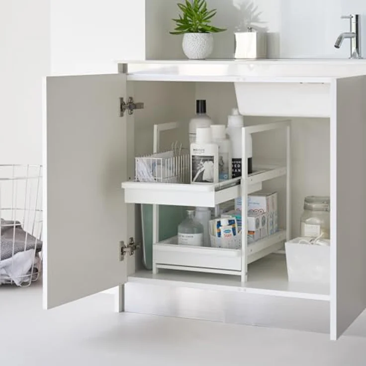 Yamazaki TOWER 2-stöckiges Spülschrank-Regal mit höhenverstellbaren Schiebeböden, Küchen Organizer, Weiss – Bild 8