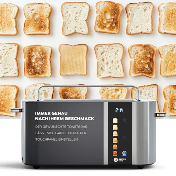 Balter TS-34, Langschlitz-Toaster für 4 Scheiben aus Edelstahl, Touch Bedienung, Brötchenaufsatz, LCD Display, Auftaufunktion, Brotzentrierung – Bild 3