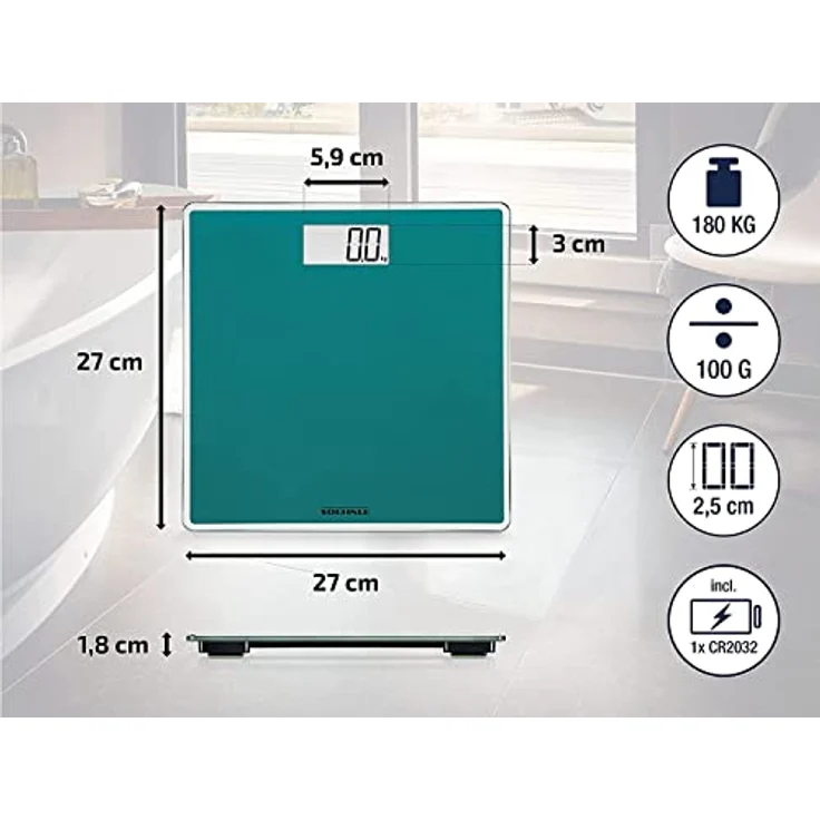 Soehnle Style Sense Compact 200, digitale Personenwaage, Ocean Green, Gewicht bis zu 180 kg in präzisen 100 Gramm Schritten, Waage inkl. Batterien, Körperwaage mit extraflachem Design, grün – Bild 6