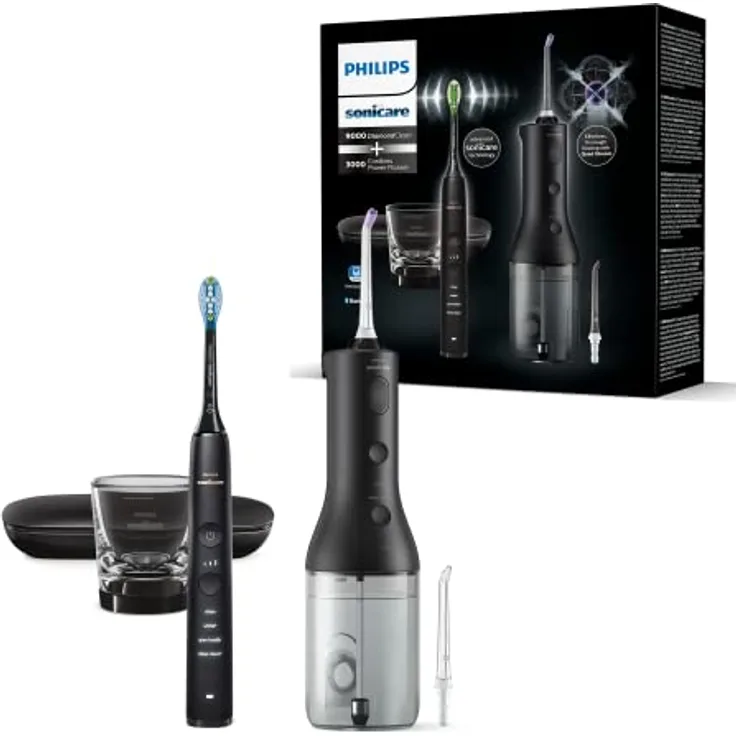 Philips Sonicare kabellose Power Flosser Munddusche und DiamondClean 9000 elektrische Zahnbürste – Saubere Zähne, sauberes Zahnfleisch und Plaque-Entfernung, Schwarz (Modell HX3866/43), 5-teiliges Set