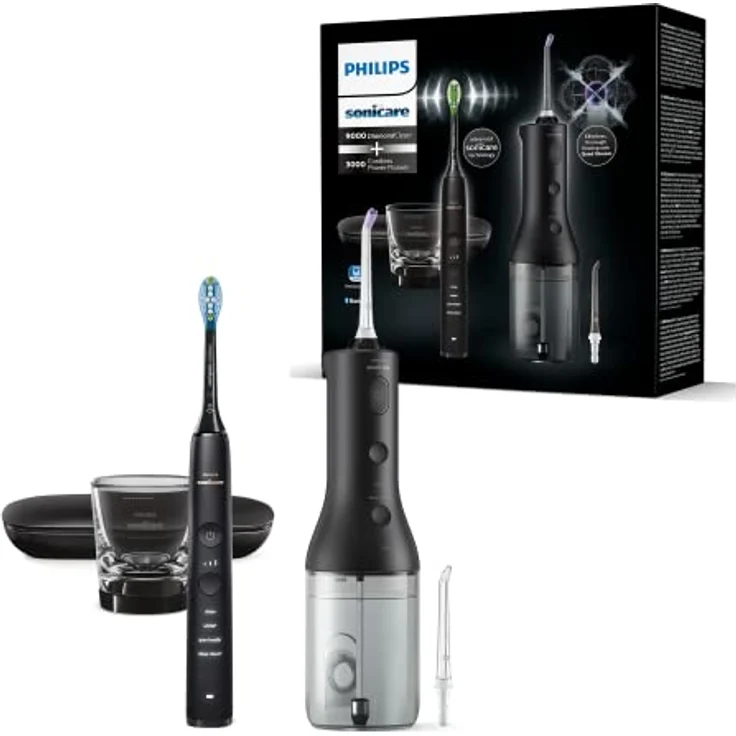 Philips Sonicare kabellose Power Flosser Munddusche und DiamondClean 9000 elektrische Zahnbürste – Saubere Zähne, sauberes Zahnfleisch und Plaque-Entfernung, Schwarz (Modell HX3866/43), 5-teiliges Set – Bild 1