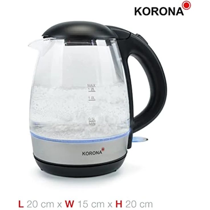 Korona 20608 Glas-Wasserkocher, 2200 Watt, 1,2 Liter, LED-Beleuchtung, verdecktes Heizelement, Kalkfilter, silber, schwarz – Bild 8