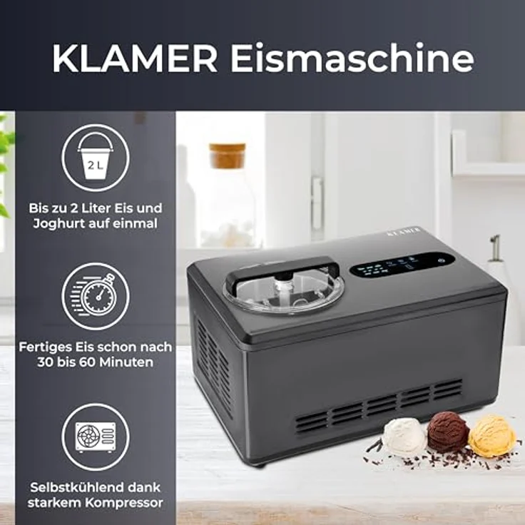 KLAMER 2-in-1 Eismaschine & Joghurtbereiter, 2 L, 220 W mit Edelstahl-Gehäuse, selbstkühlendem Kompressor und Konsistenzsteuerung – Bild 2