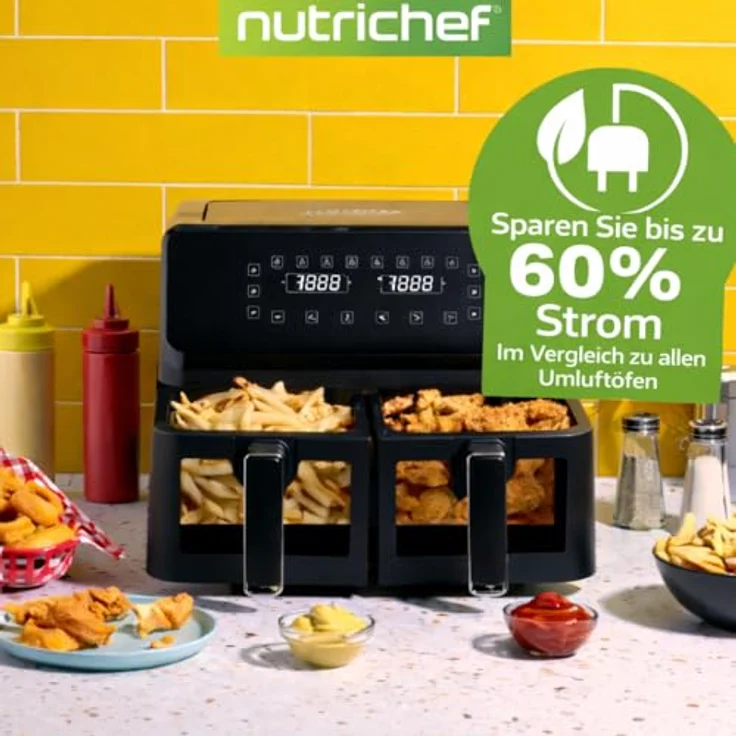 NutriChef Heißluftfritteuse Airfryer XL, 8L Doppel-Fritteuse mit 2 Körben, 9 Programmen, spülmaschinenfest, antihaftbeschichtet, bis 360 °C, schwarz – Bild 4