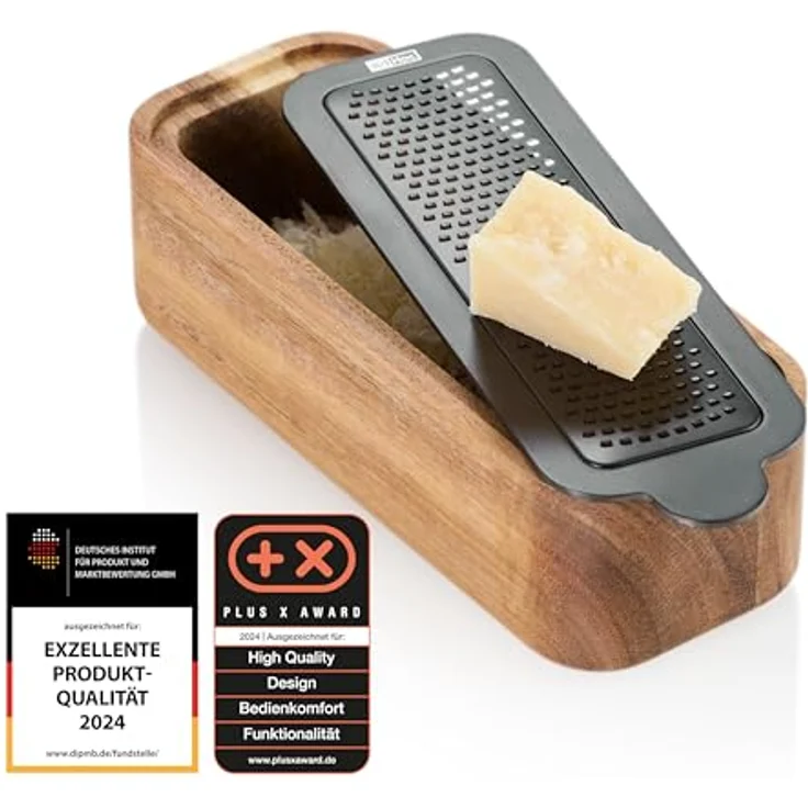 AdHoc GG32 Tisch-Feinreibe CutnServe, Edelstahl Schwarz mit Auffangbehälter aus Akazienholz, für Hartkäse, Gewürze und Nüsse – Bild 2