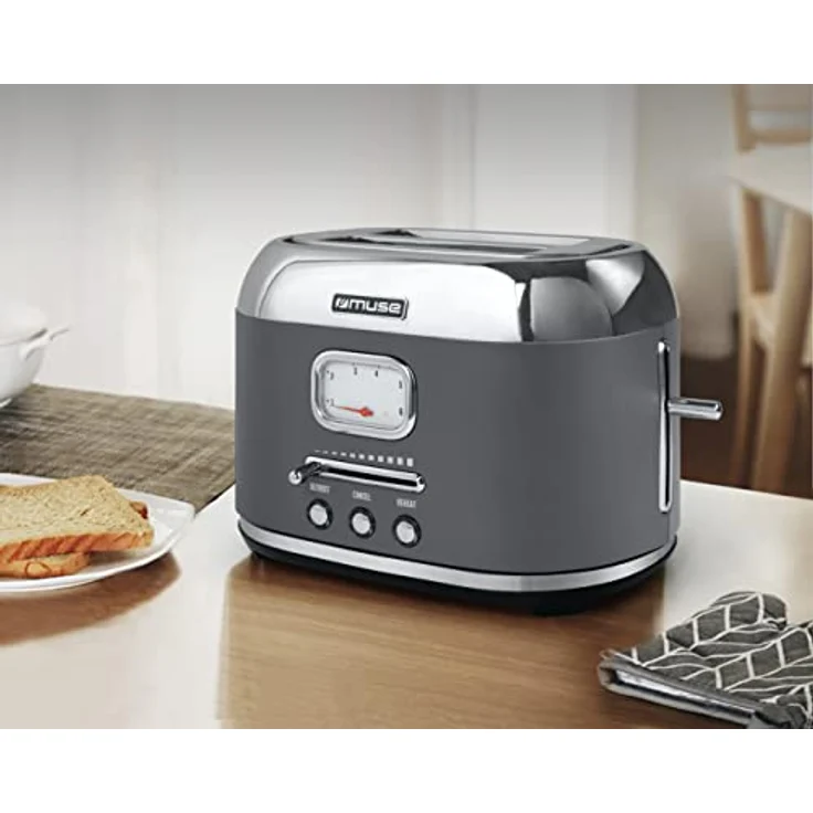 Muse Edelstahl-toaster im grauen retro Design, analoge Anzeige, beleuchtete Tasten, 6 Bräungsstufen, 2 Scheiben, MS-120 DG, Vintage Look, mit Krümelschublade – Bild 3