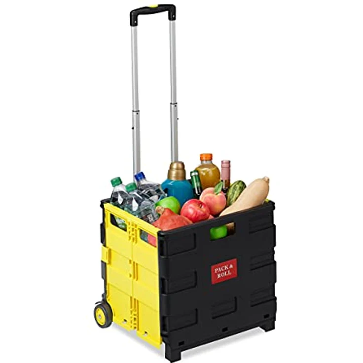 Relaxdays Einkaufstrolley klappbar, Teleskop-Griff, 2 Gummi Rollen, bis 35 kg, Shopping Trolley, Aluminium, ABS, gelb – Bild 1