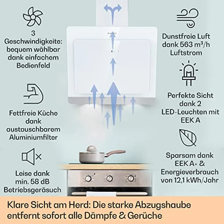 Klarstein 10040235 Wandhaube, Aurora 60 Smart Dunstabzugshaube 550 m³/h 60cm kopffrei Ambiente-Licht EEC A++, weiß - Preisvergleich – Bild 3