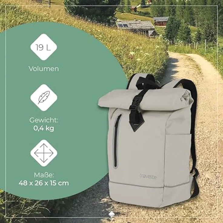 travelite BASICS Roll-Up Rucksack, Freizeitrucksack aus wasserfester Plane mit reflektierenden Applikationen, ideal für Wandern und Freizeit, viele Trendfarben verfügbar – Bild 3