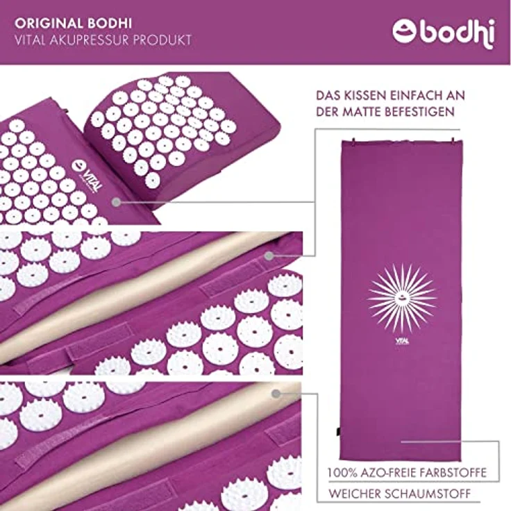 Akupressur-Set VITAL DELUXE SPIKY: Akupressur-Matte (74 x 44 cm), Kisssen und -Fußmatte im günstigen Set, vitalisierend, für Rücken und Nacken (aubergine) – Bild 3