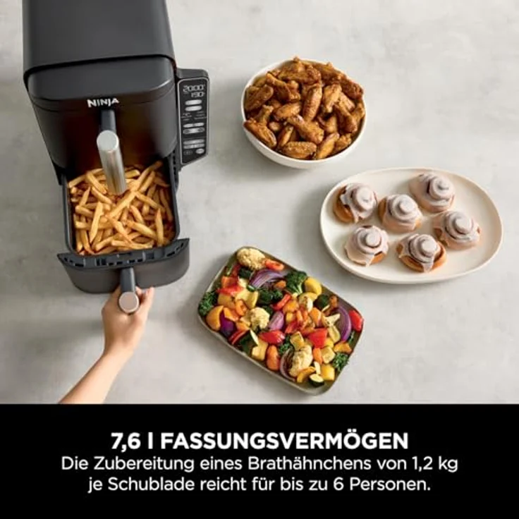 Ninja Double Stack Heißluftfritteuse, 7,6 L Airfryer, Doppelkorb-Heißluftfritteuse mit 4 Kochstufen, 2 Schubladen, 2 Gestelle, platzsparendes Design, 6 Kochfunktionen, 6 Portionen, Schwarz – Bild 5