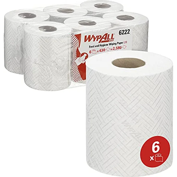 WypAll L10 Papierreinigungstücher für Lebensmittel und Hygiene 6222 – 1-lagige Reinigungstücher für Trockenreinigung – 6 weiße Rollen mit Zentralentnahme x 430 Papierreinigungstücher (insges. 2.580)