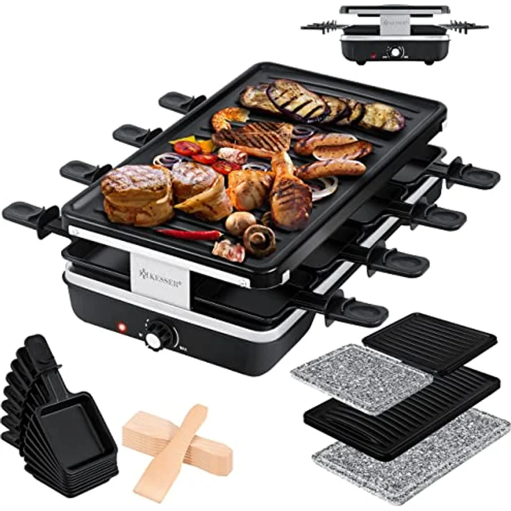 KESSER® Raclette-Grill mit Naturgrillstein und Grillplatte, Tischgrill für 8 Personen, Elektrogrill mit 1200W, antihaftbeschichtet, inklusive 8 Pfannen und Holzspatel – Bild 1