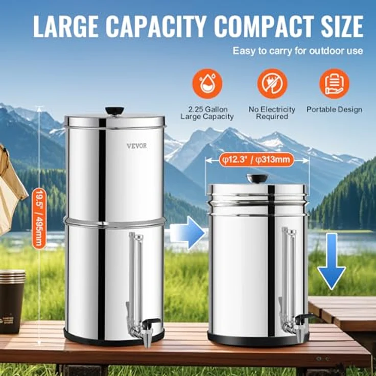 VEVOR Schwerkraft Wasserfiltersystem Edelstahl 7+8,5L, hochmoderne Wasserfiltration mit Blei- und Chlorreduzierung – Bild 5