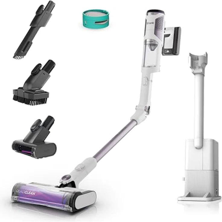 Shark Detect Clean & Empty Akku-Staubsauger, kabellos mit Absaugstation, bis 60 Min. Laufzeit, für Tierhaare, Allergiker, Teppich & Hartböden, LED-Licht, 3 Aufsätze, weiß, IW3613EUT – Bild 1