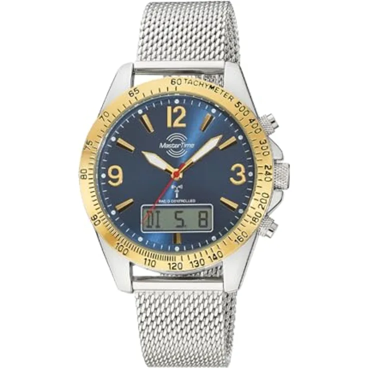 Master Time MTGA-10964-32M, Funk Quarz Herren Uhr Analog-Digital mit Edelstahl Milanaise Armband, wasserdicht bis 5 Bar, automatische Zeitumstellung, blaues Zifferblatt